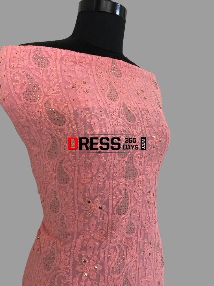 Pink Viscose Georgette Mukaish Chikankari Suit - Dress365days