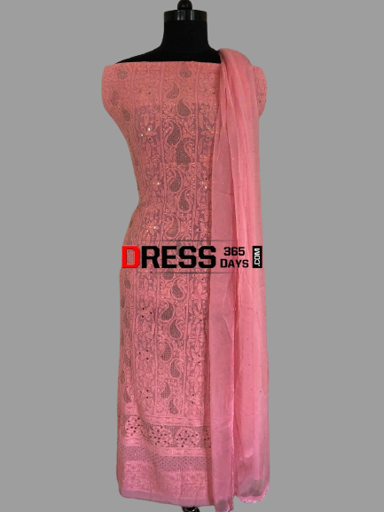 Pink Viscose Georgette Mukaish Chikankari Suit - Dress365days