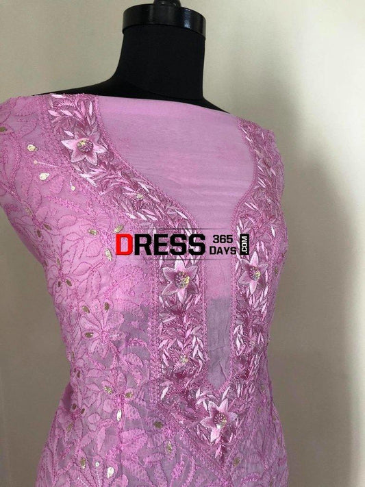 Pinkish Purple Parsi Gara Chikankari Suit Suits