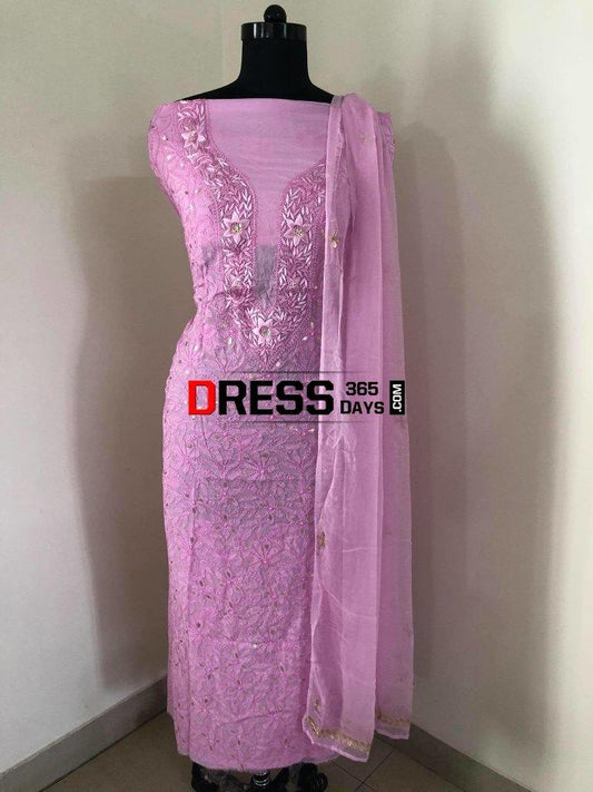 Pinkish Purple Parsi Gara Chikankari Suit Suits