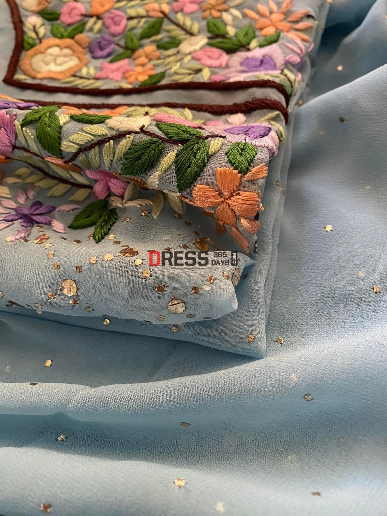 Powder Blue All Over Mukaish Parsi Gara Suit Chikankari Suits