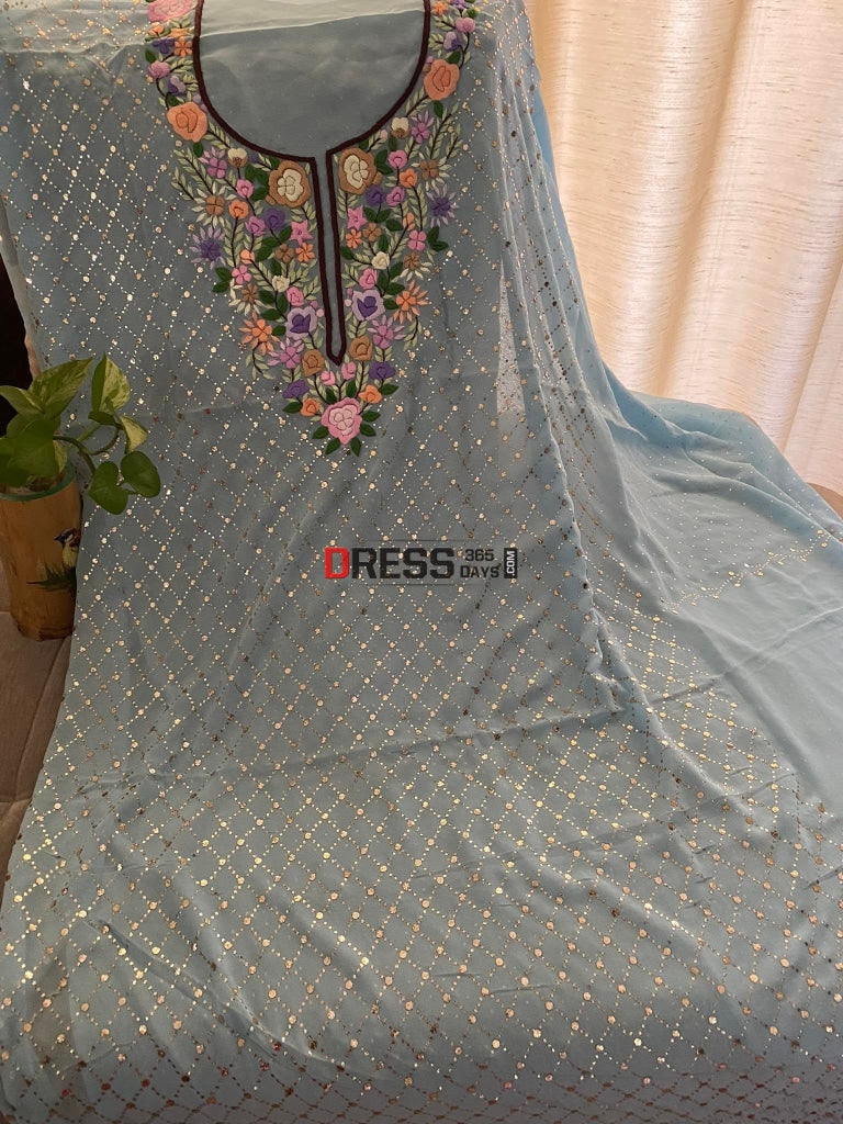 Powder Blue All Over Mukaish Parsi Gara Suit Chikankari Suits