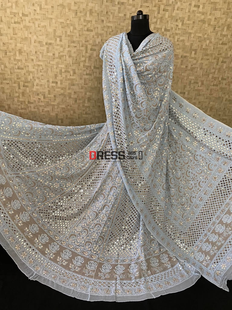 Powder Blue Chikankari & Mirror Lehenga Set