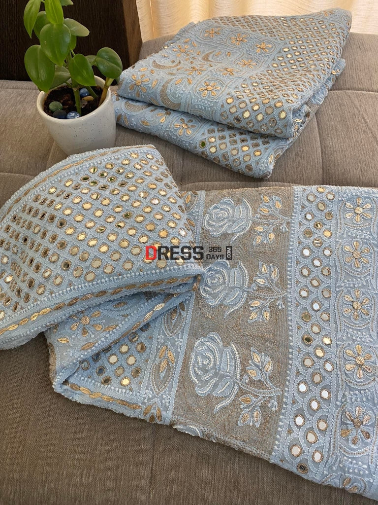 Powder Blue Chikankari & Mirror Lehenga Set