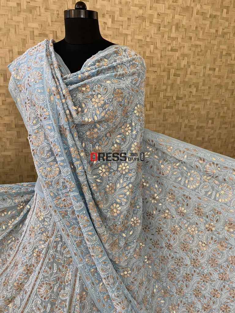 Powder Blue Lucknowi Gota Patti Lehenga Set Chikankari