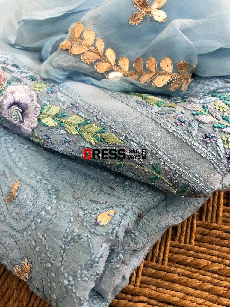 Powder Blue Parsi Gara Chikankari Suit Suits