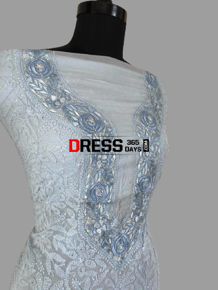 Powder Blue Parsi Gara Chikankari Suit - Dress365days