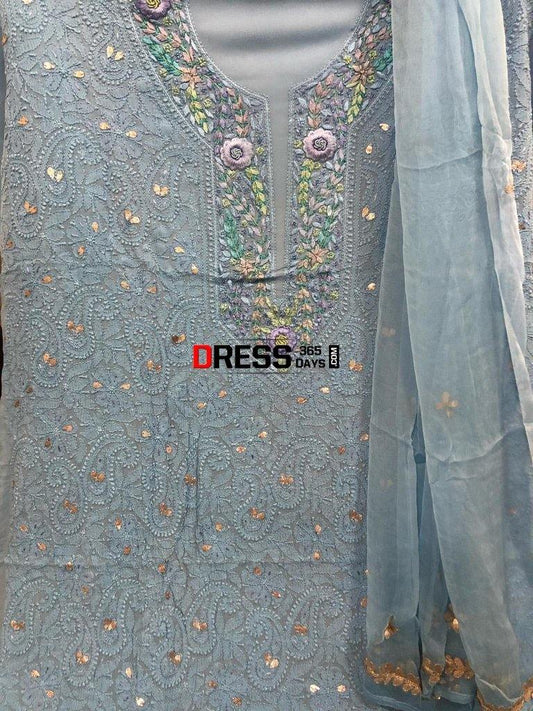 Powder Blue Parsi Gara Chikankari Suit Suits