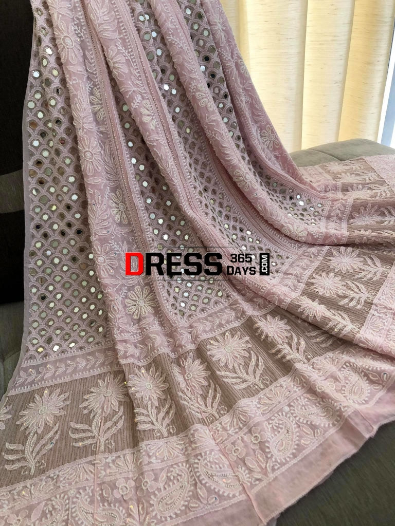 Powder Pink Mirrors & Pearls Anarkali Suit Chikankari