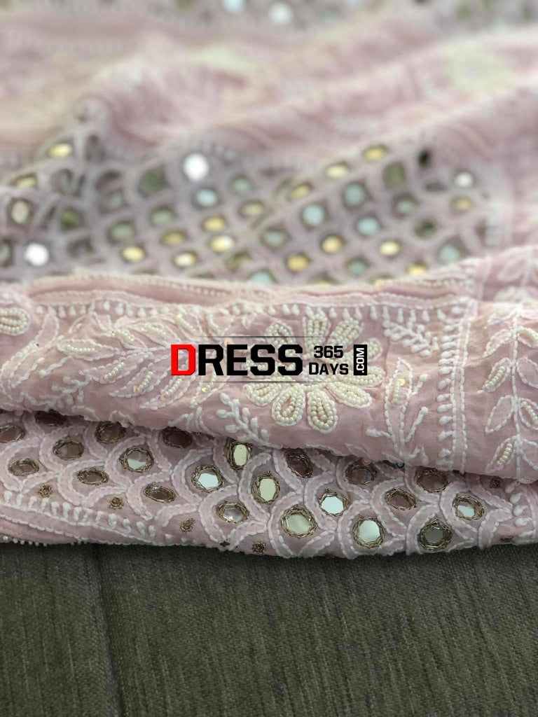 Powder Pink Mirrors & Pearls Anarkali Suit Chikankari