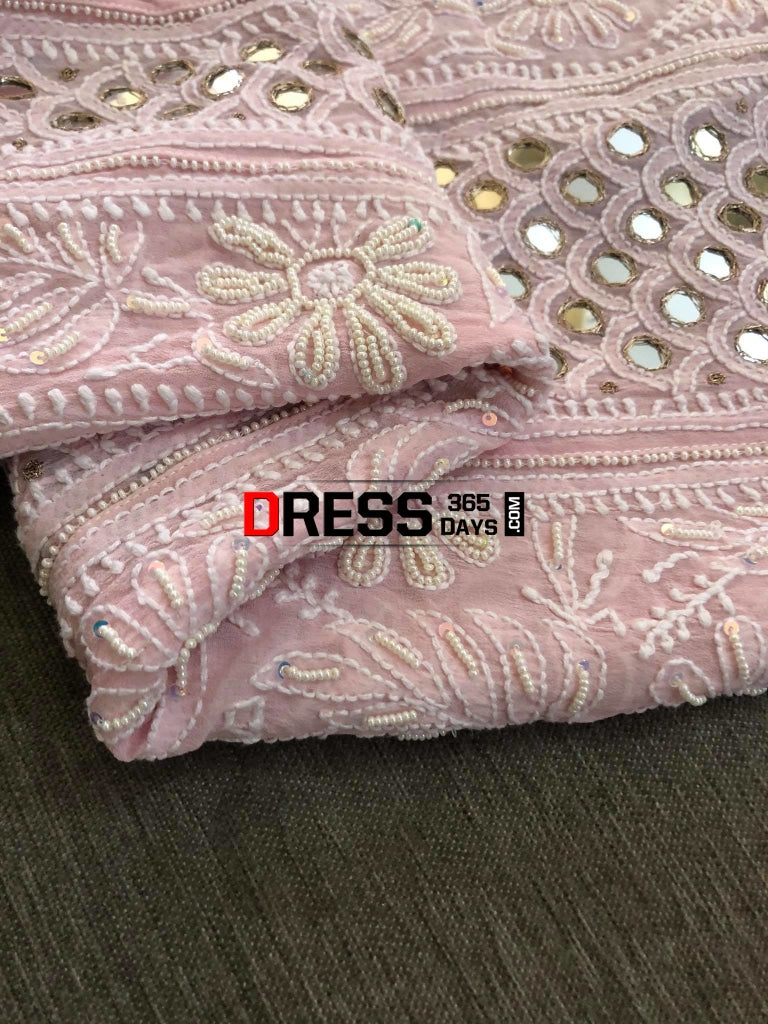 Powder Pink Mirrors & Pearls Anarkali Suit Chikankari