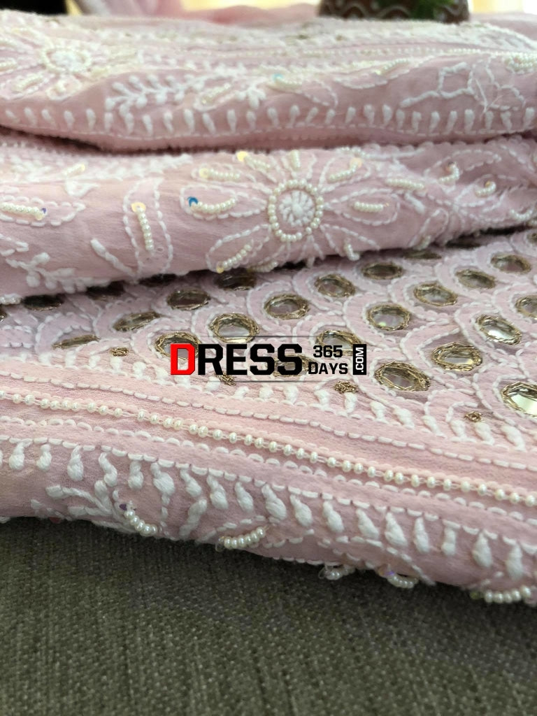 Powder Pink Mirrors & Pearls Anarkali Suit Chikankari