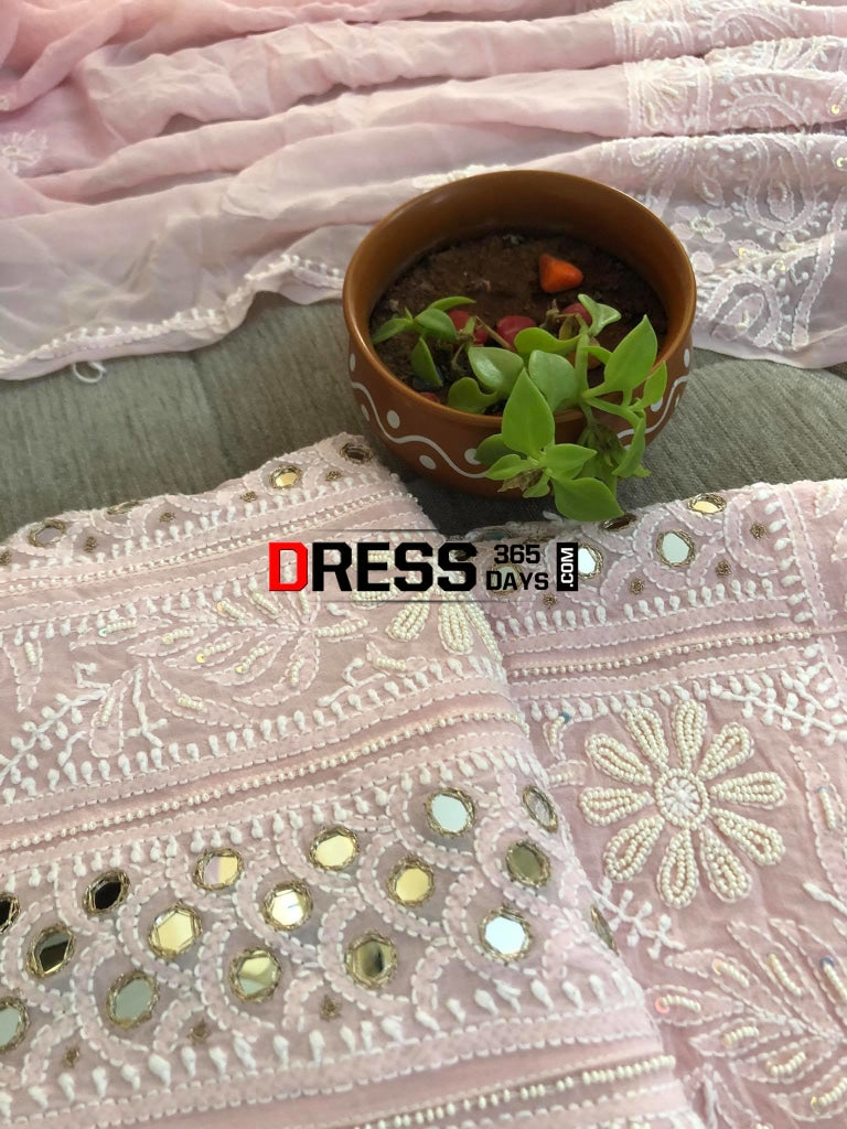 Powder Pink Mirrors & Pearls Anarkali Suit Chikankari