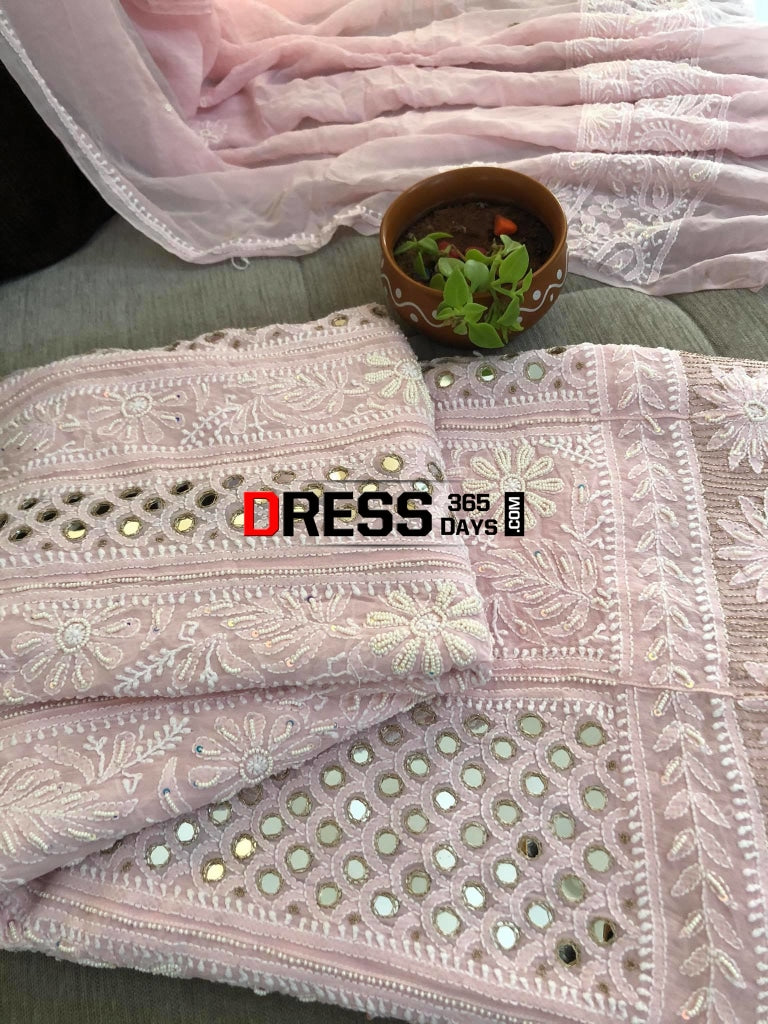 Powder Pink Mirrors & Pearls Anarkali Suit Chikankari