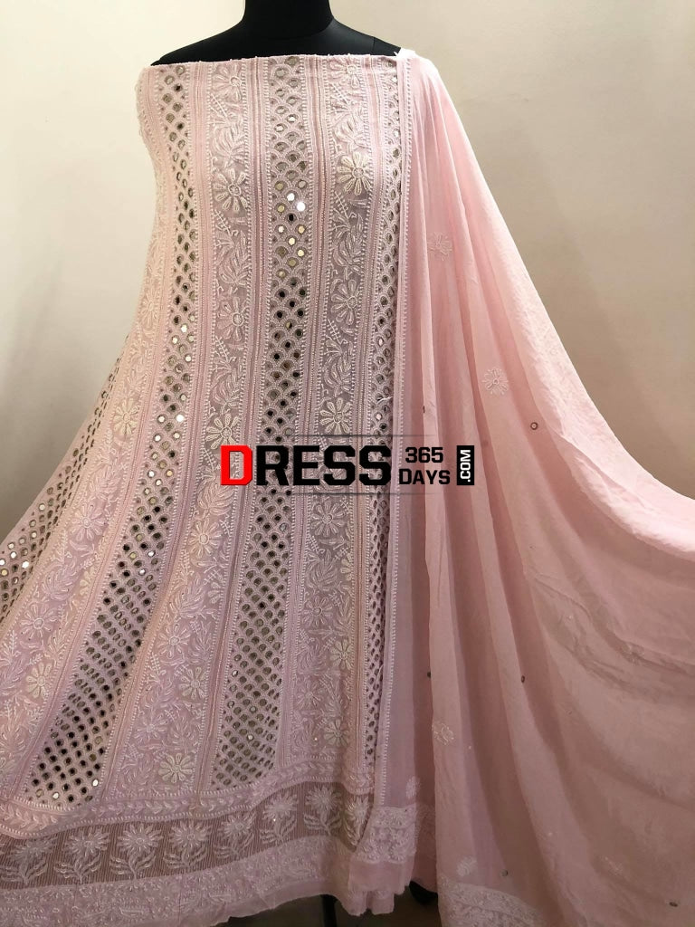 Powder Pink Mirrors & Pearls Anarkali Suit Chikankari