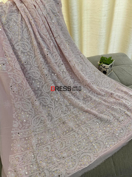 Powder Pink Mukaish Chikankari Kurti Fabric (Only Kurti)