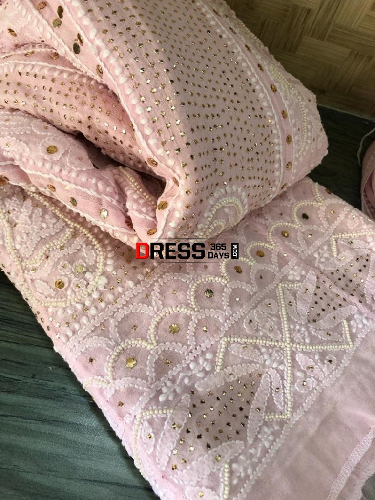 Powder Pink Pearl And Mukaish Chikankari Anarkali (Anarkali Dupatta)