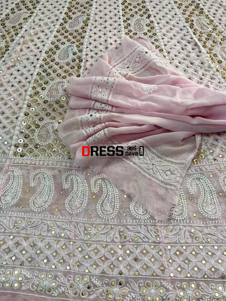 Powder Pink Ring Mukaish Work Chikankari Anarkali (Anarkali And Dupatta)