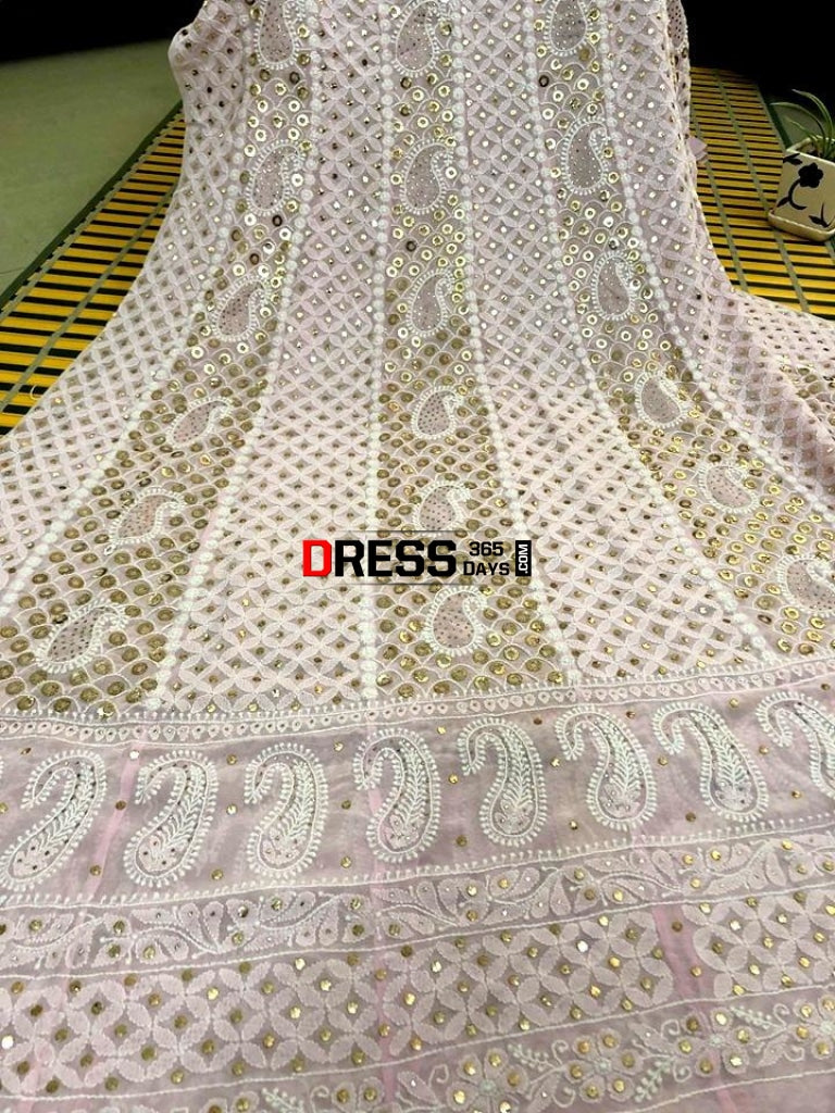 Powder Pink Ring Mukaish Work Chikankari Anarkali (Anarkali And Dupatta)