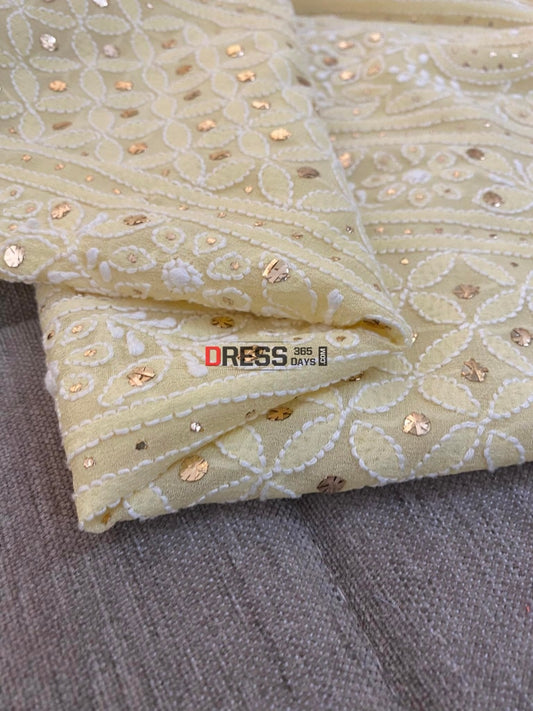 Pure Georgette Light Yellow Mukaish Chikankari Suit Suits