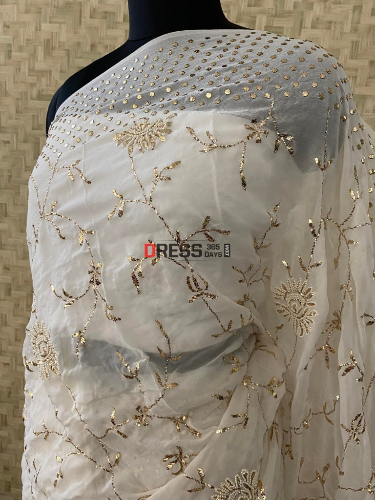 Pure Georgette Pearl & Kamdani Saree Chikankari