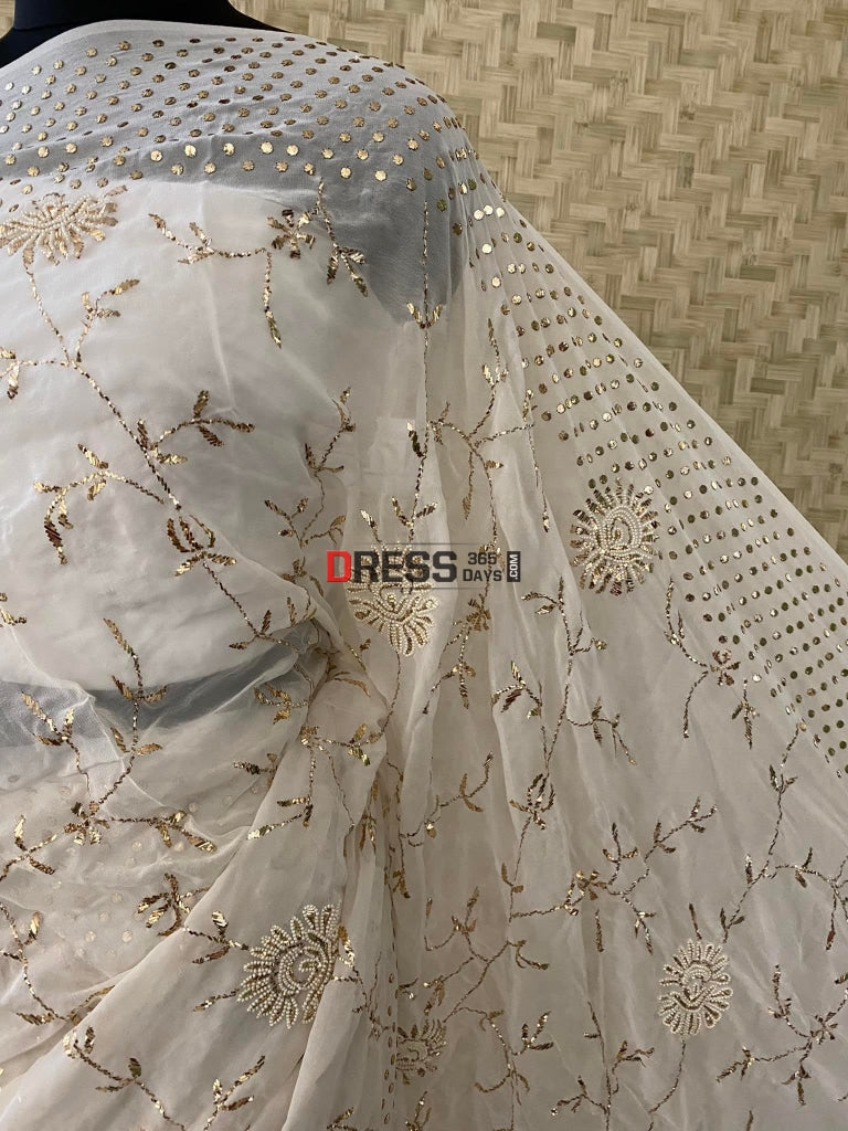 Pure Georgette Pearl & Kamdani Saree Chikankari