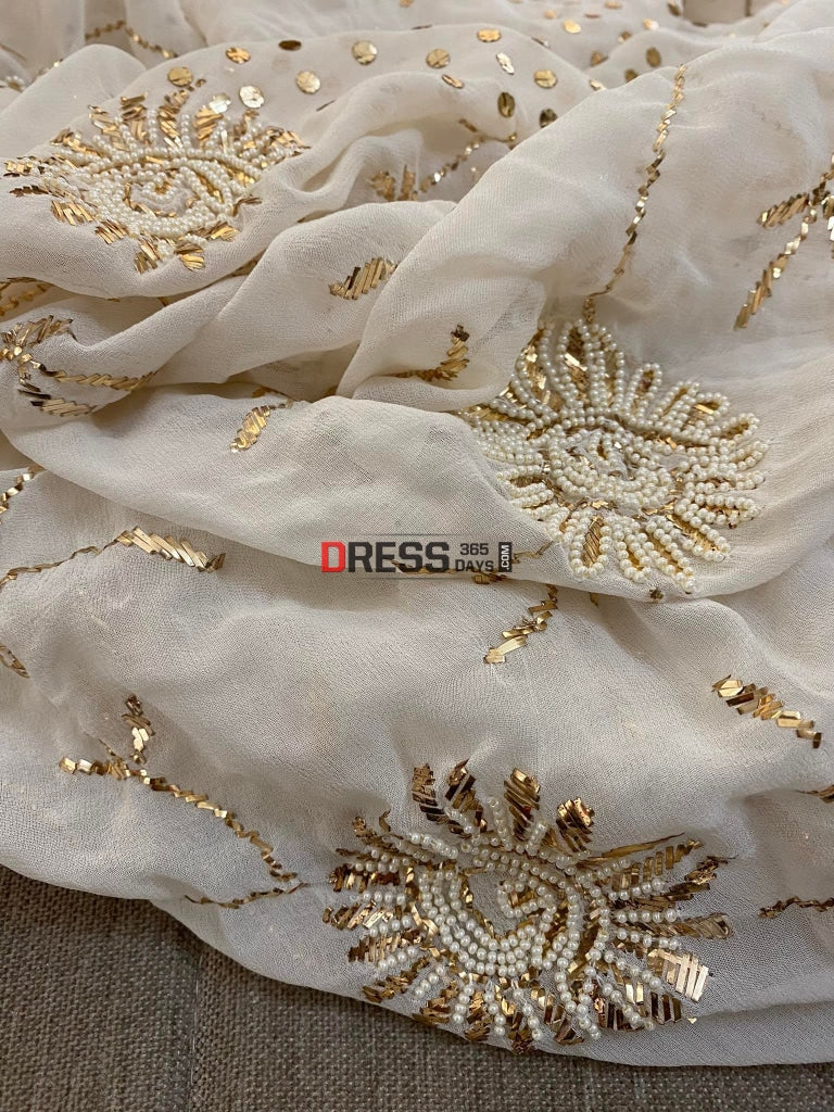 Pure Georgette Pearl & Kamdani Saree Chikankari