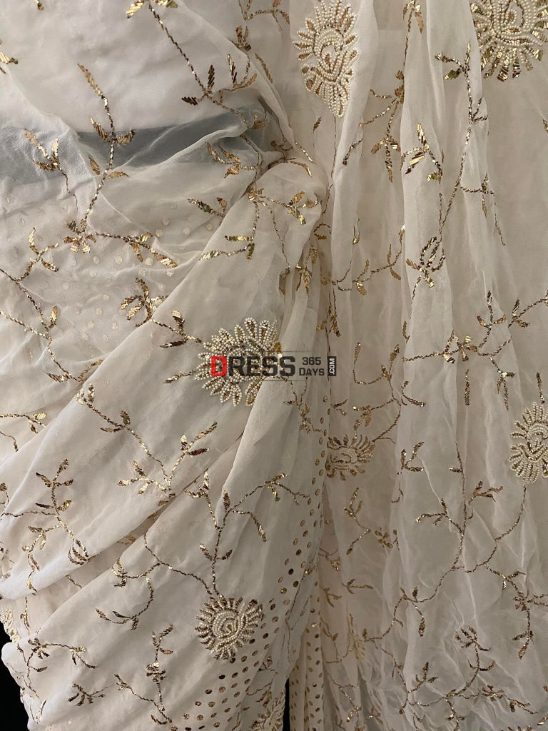 Pure Georgette Pearl & Kamdani Saree Chikankari