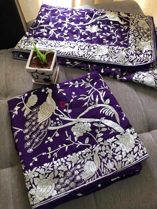 Purple & Ivory Parsi Gara Suit Suits