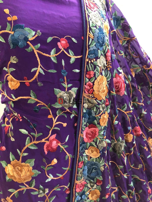 Purple Parsi Gara Suit With Multicolour Embroidery Suits