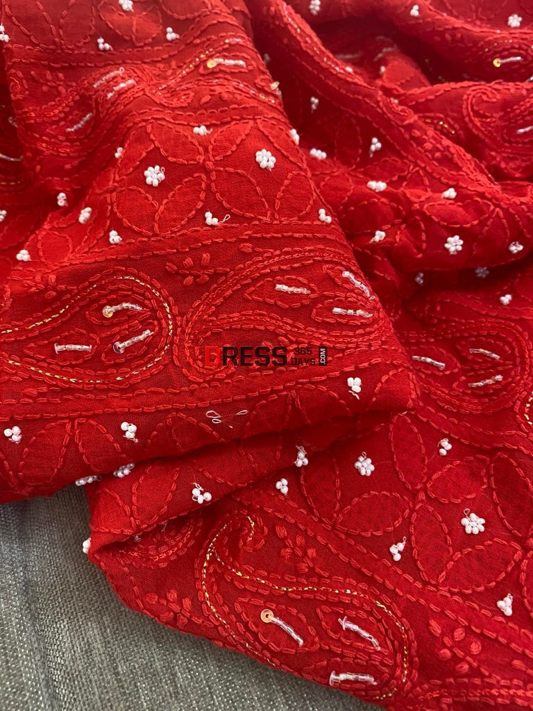 Red Chikankari & Pearl Kurta Dupatta Set Suits