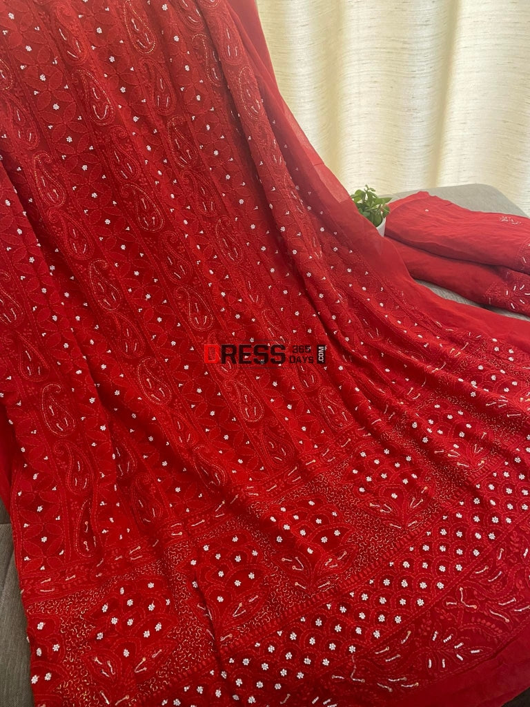 Red Chikankari & Pearl Kurta Dupatta Set Suits