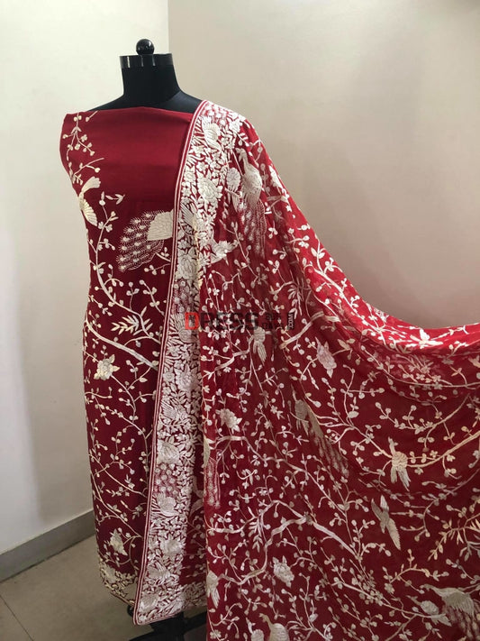 Red & Ivory Parsi Gara Hand Embroidered Three Piece Suit Suits