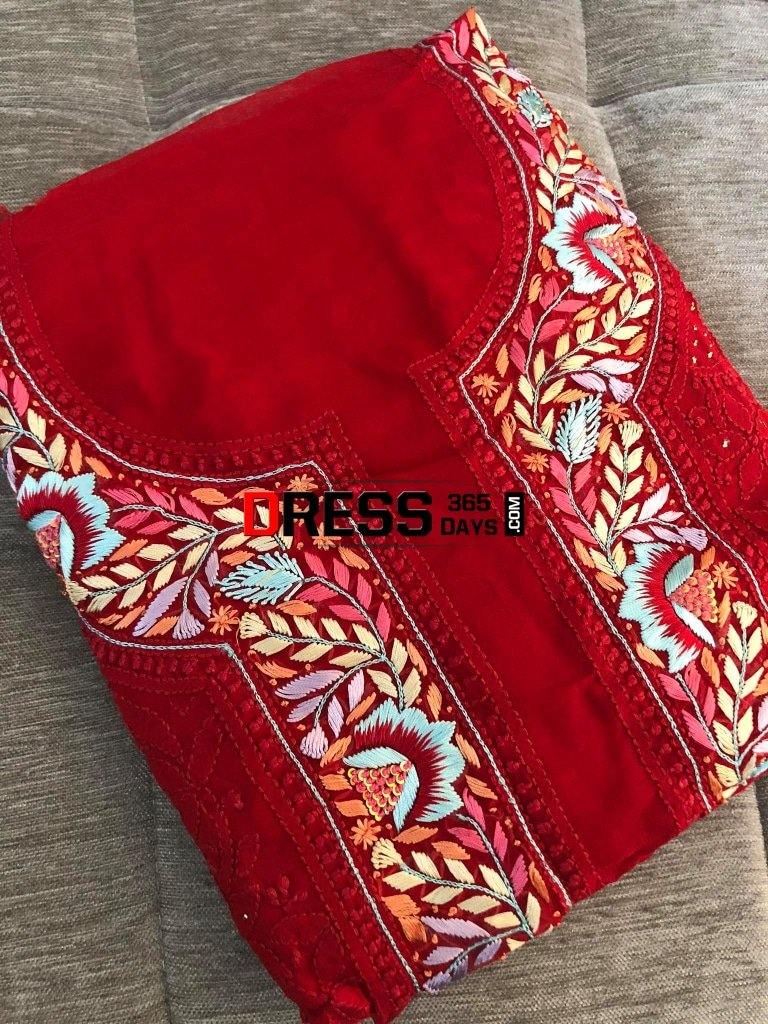 Red Parsi Gara Chikankari Suit Suits