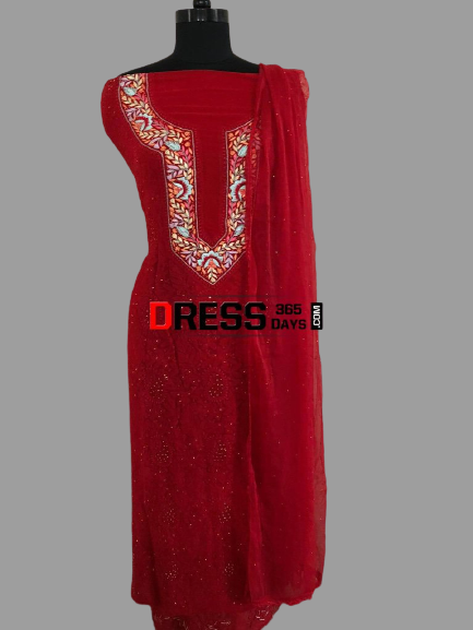 Red Parsi Gara Chikankari Suit - Dress365days