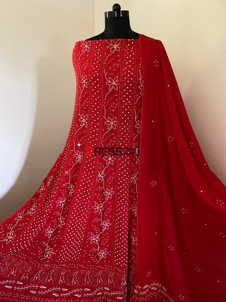 Red Pearl Chikankari Anarkali Suit – Dress365days