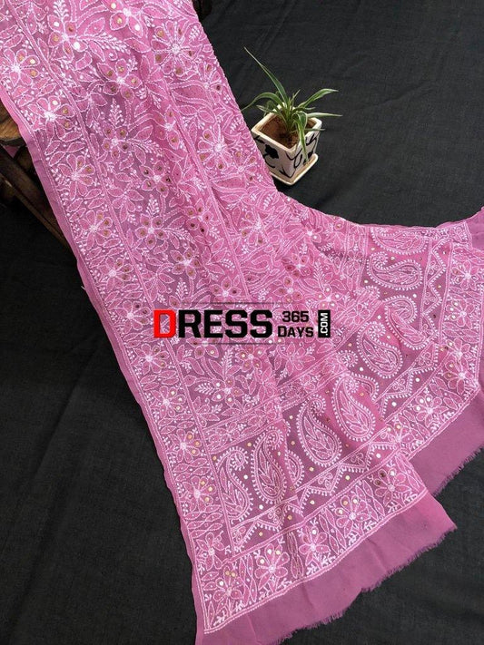 Rose Pink Mukaish Chikankari Dupatta