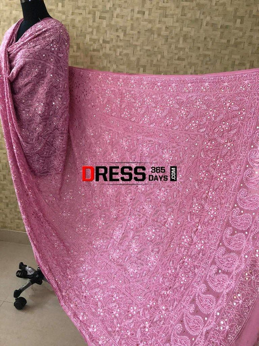 Rose Pink Mukaish Chikankari Dupatta