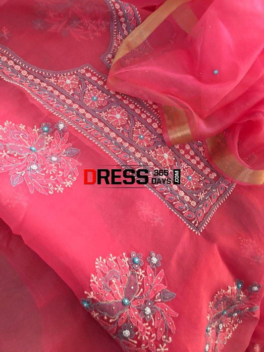 Rose Pink Organza Beads And Chikankari Suit Suits