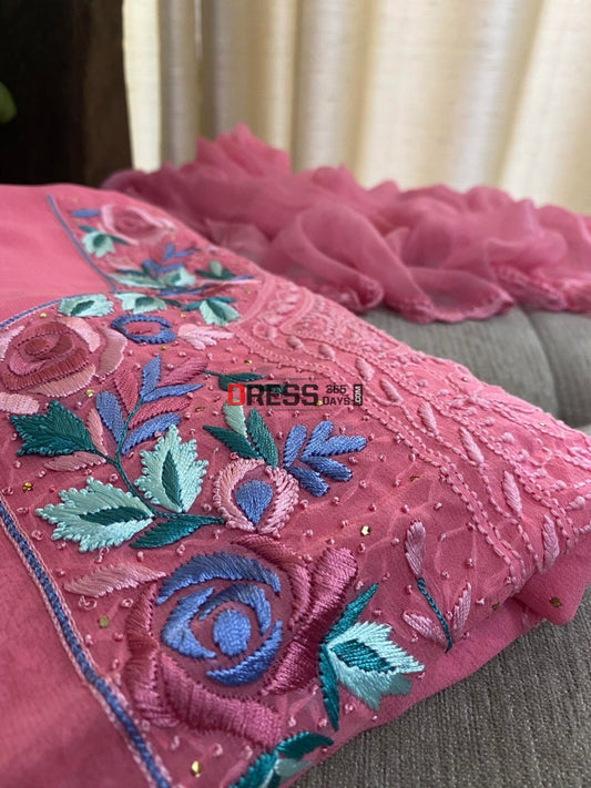 Rose Pink Parsi Gara Neckline Chikankari Suit Suits