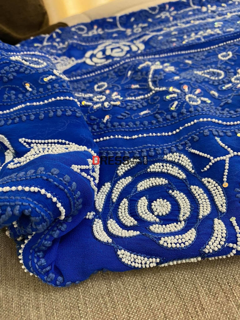Royal Blue Pearl Chikankari Anarkali Suit