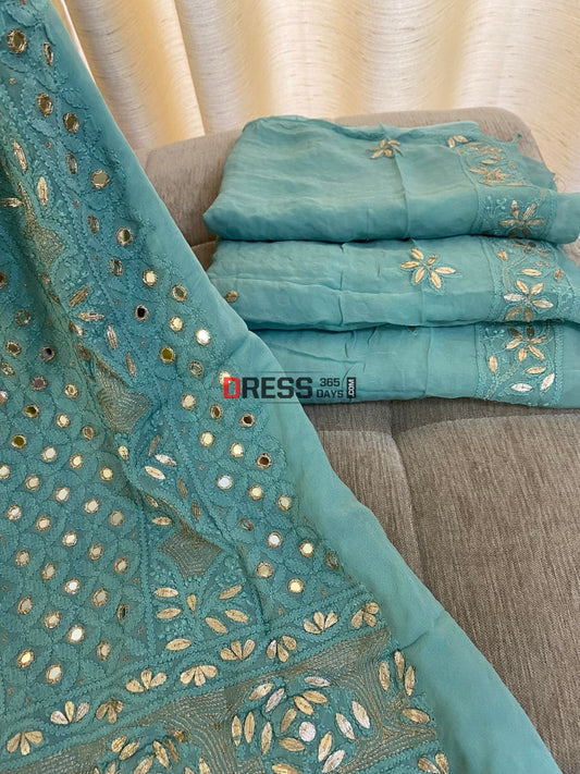 Sage Green Mirror & Gota Patti Lucknowi Chikankari Suit Suits