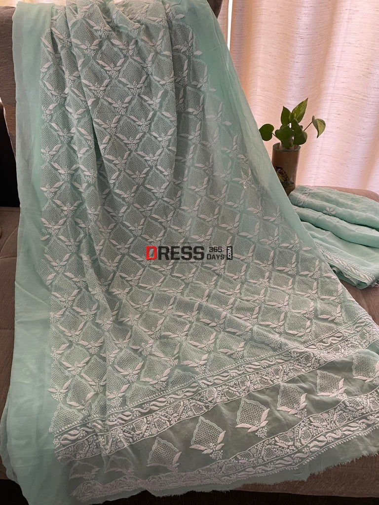 Sea Green Hand Jaali Lucknowi Chikankari Suit Suits