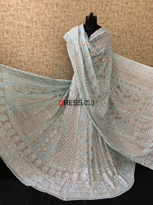 Sea Green Lucknowi Gota Patti Lehenga Set Chikankari