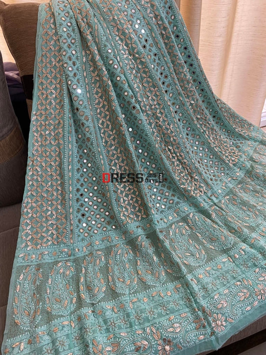 Sea Green Mirror Gota Patti Pure Georgette Anarkali Suit Chikankari