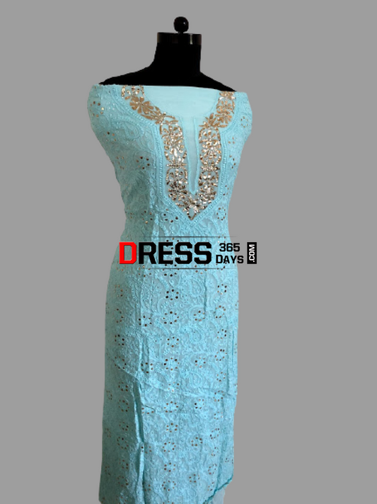 Sea Green Mukaish Neckline Chikankari Suit Suits