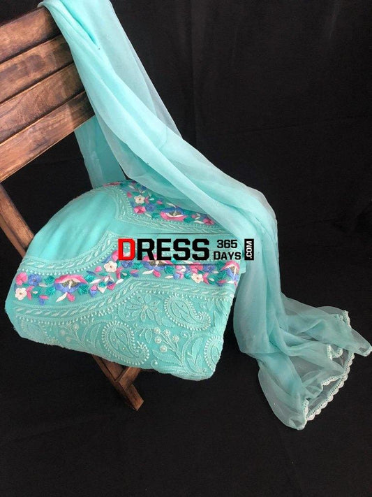 Sea Green Parsi Gara Chikankari Suit Suits