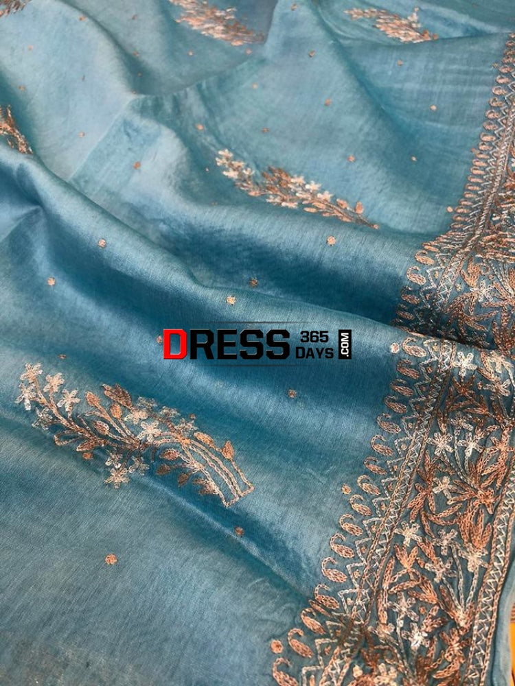 Sky Blue Aari Work Chanderi Suit (Kurta and Dupatta) – Dress365days