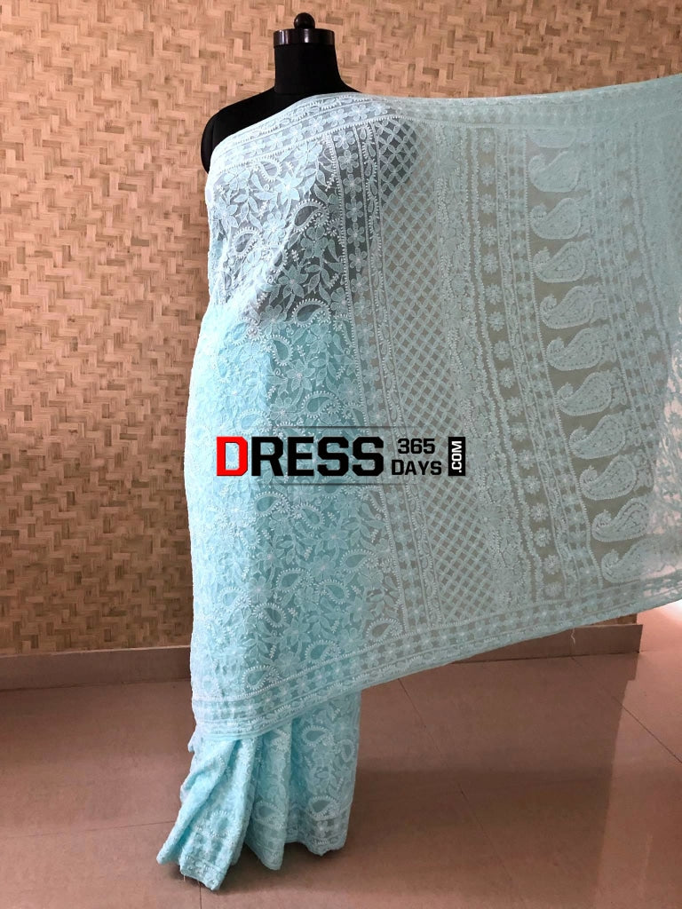 Sky Blue Chikankari Saree