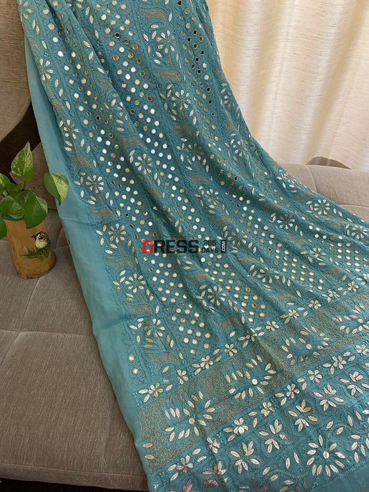 Teal Green Mirror & Gota Patti Lucknowi Suit Chikankari Suits